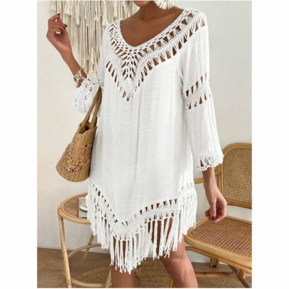 NWOT Boho Crochet Fringe Hem Cover Up Dress White large - Picture 5 of 12